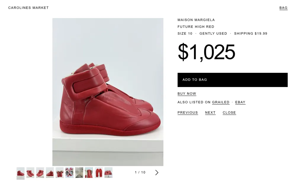 Carolines Market concept store with one piece open, in a narrower window: a photo of red high-top sneakers, a row of photo thumbnails, the price and an Add to bag button