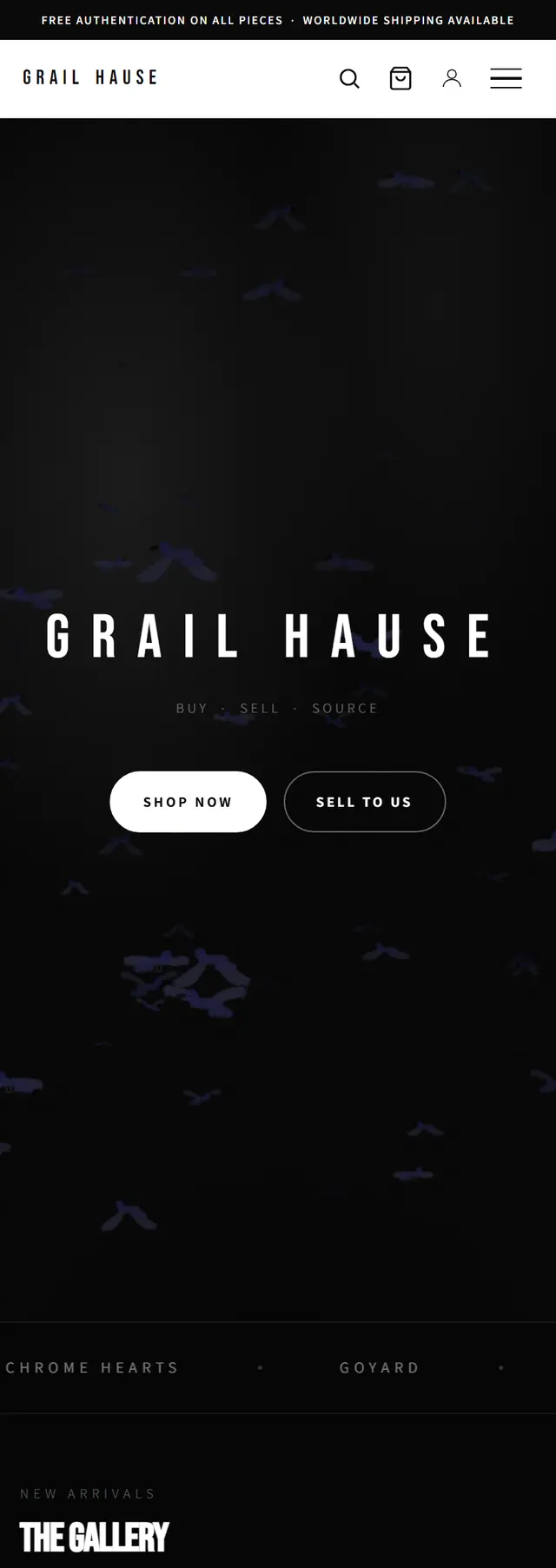 Grail Hause on a phone: the homepage hero, the brand strip and the product gallery