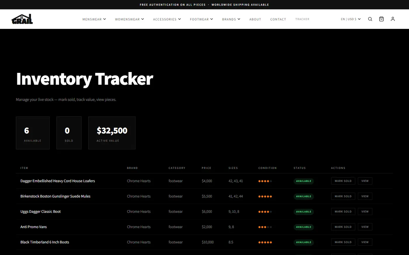 Grail Hause inventory tracker: a table of pieces with brand, price, sizes, condition and status