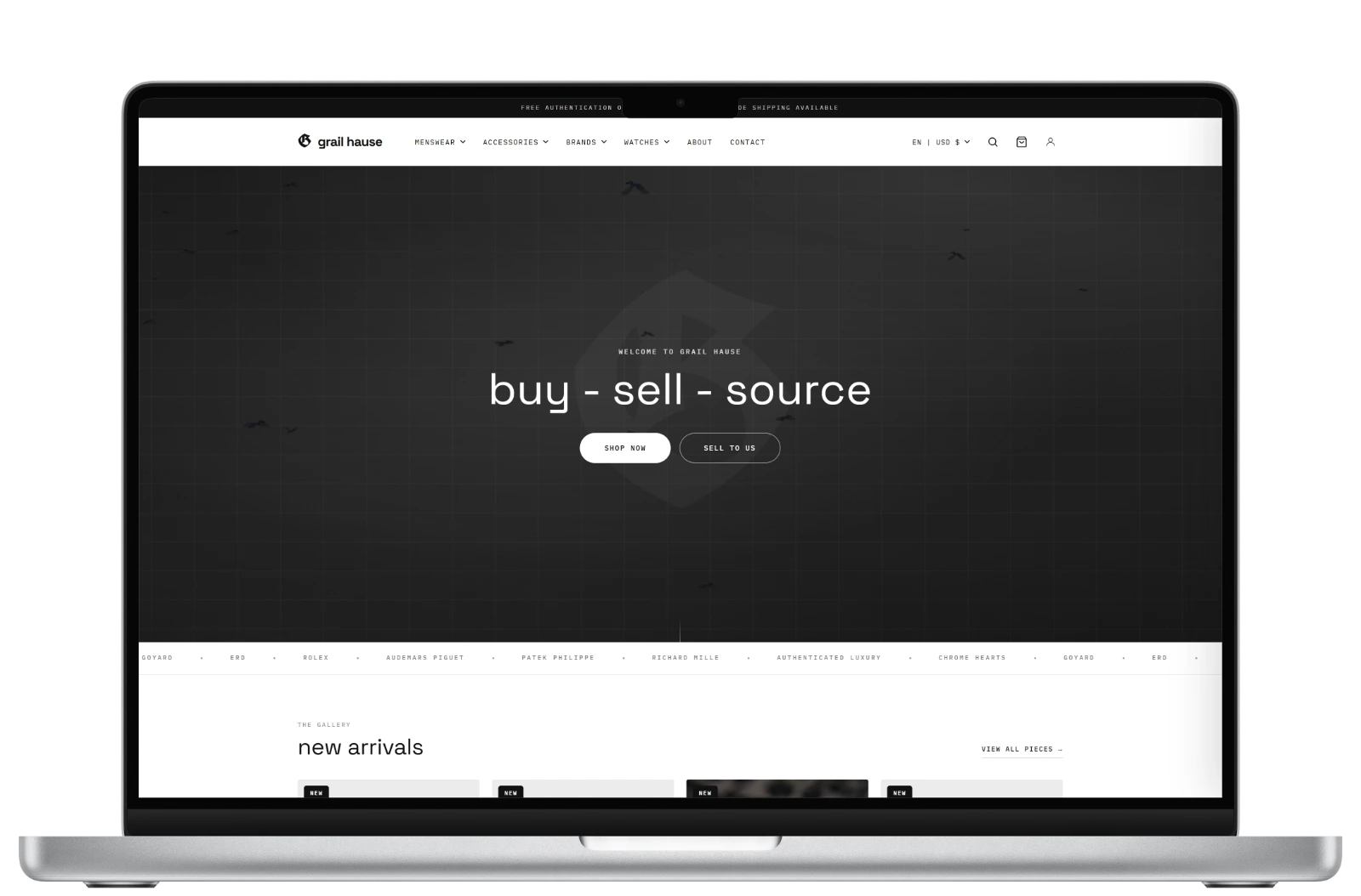 Grail Hause, a luxury resale store built by GetWebz, shown on a MacBook