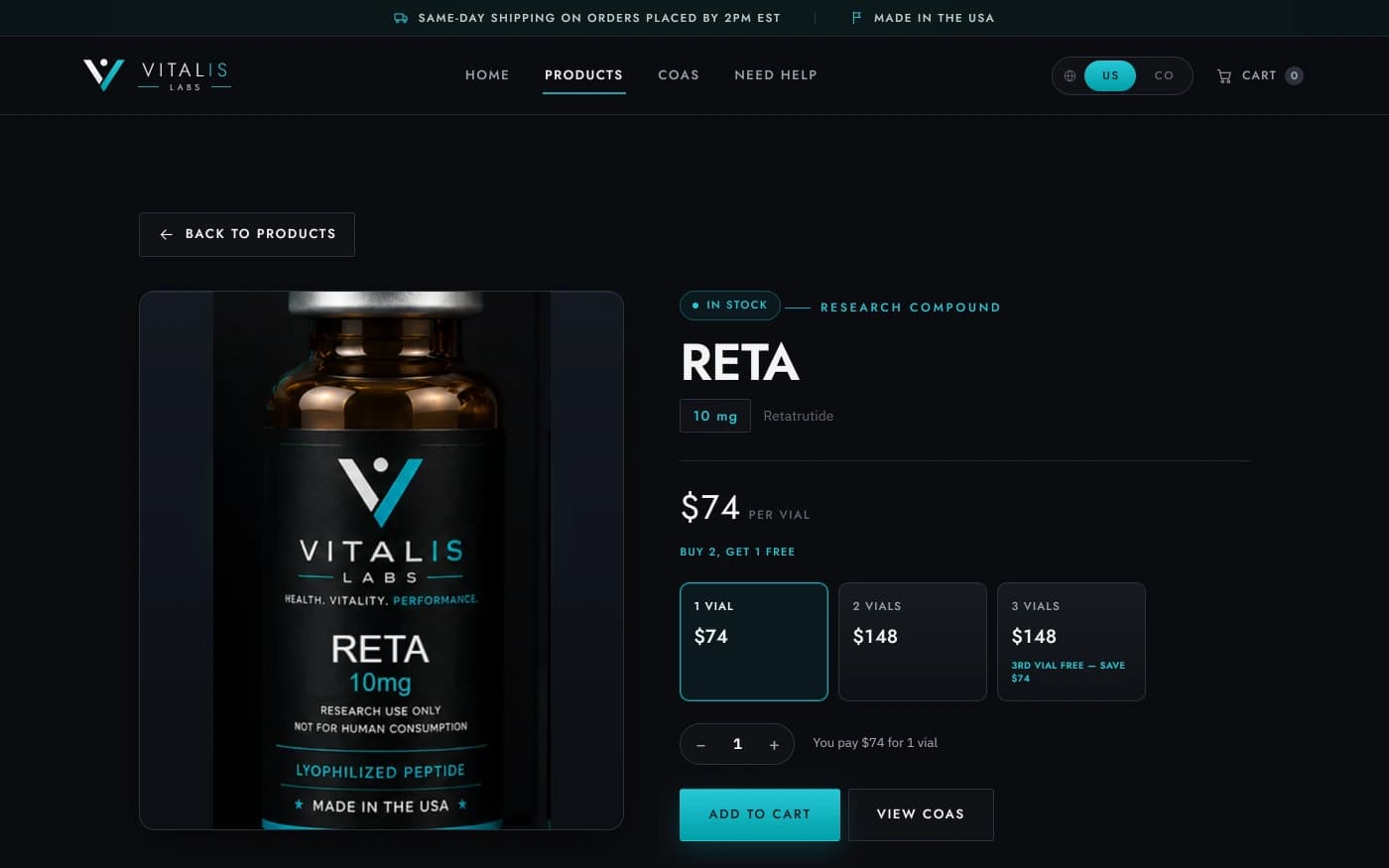 Vitalis Labs product page: price per vial, the buy 2 get 1 offer selector, and a view certificates button