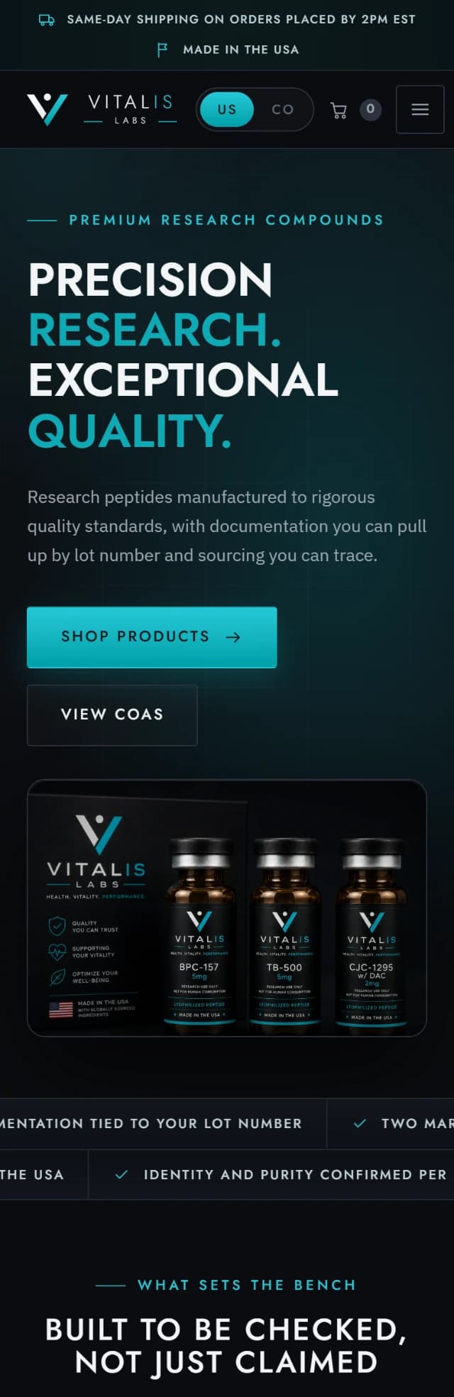 Vitalis Labs on a phone: the hero, the shop and certificates buttons, and the product family