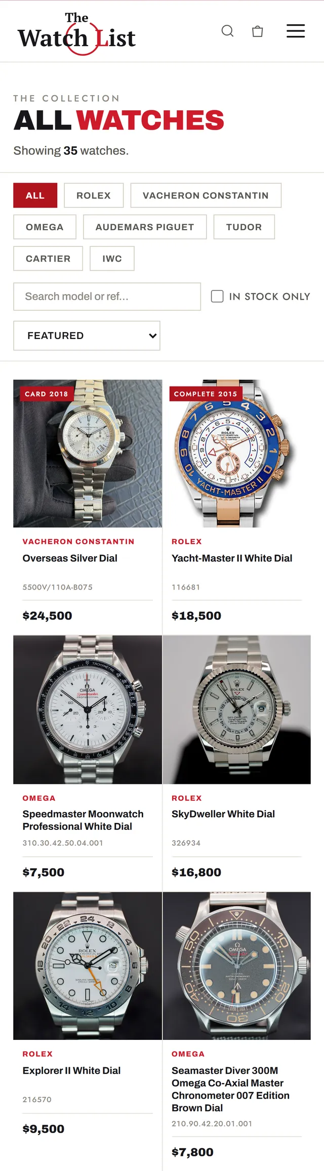 The Watch List redesign concept on a phone: the dealer's logo, the All watches heading, the brand filters and the search box, then the watches in two columns with their prices