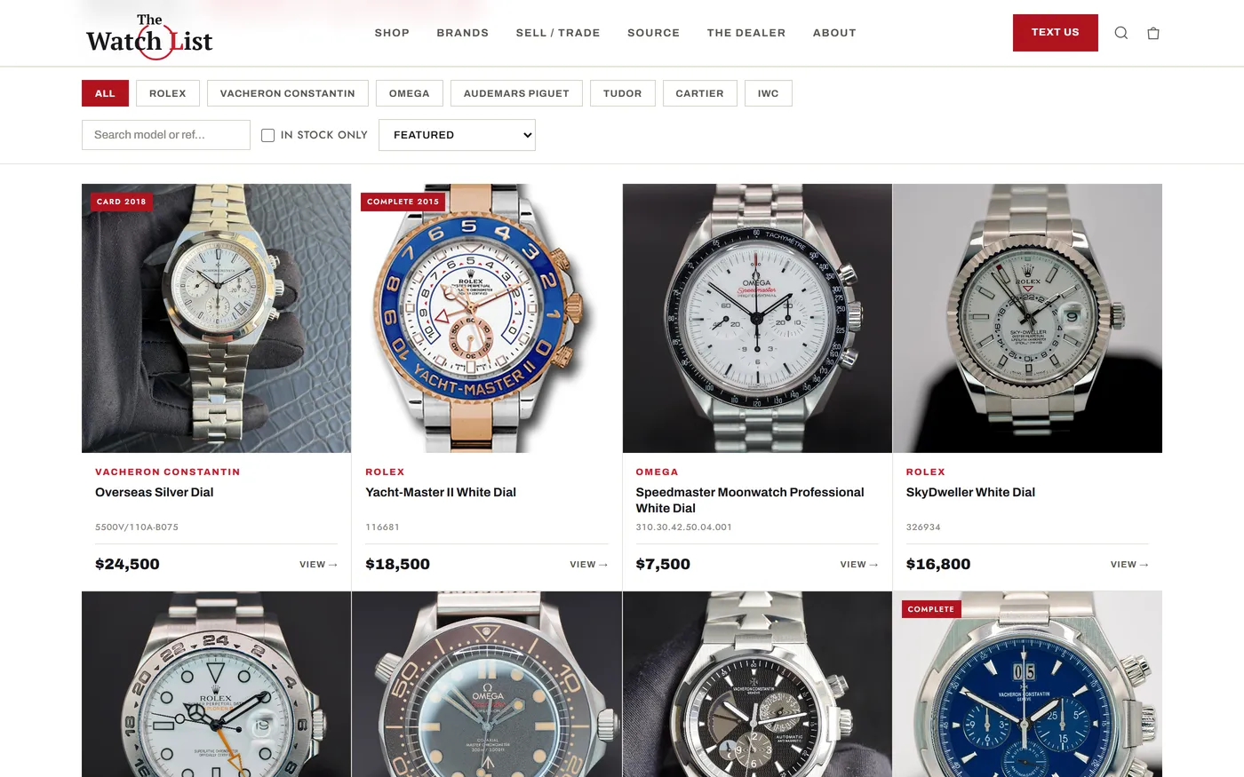 The Watch List redesign concept, shop page: the dealer's logo and menu, brand filter buttons, a search box, a sort menu, and a grid of watches with reference numbers and prices
